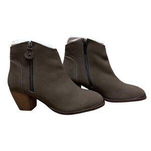 Diba Brown Leather Ankle Boots With Side Zipper & Stacked Heel NWOT